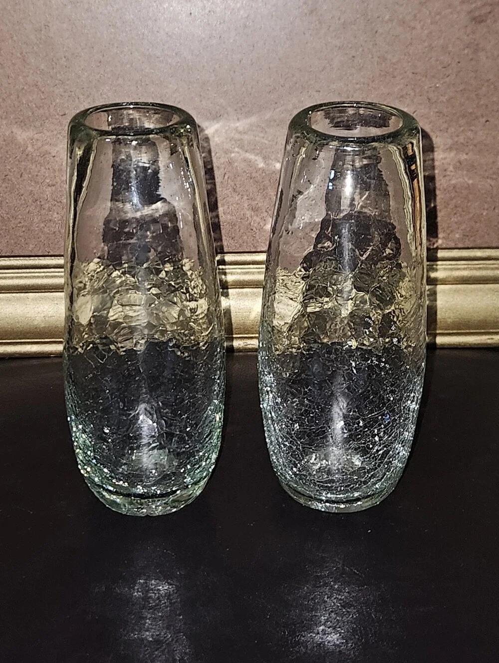 Set Of 2 Vintage Kosta Style Art Glass Clear Crackle Glass Bud Vases